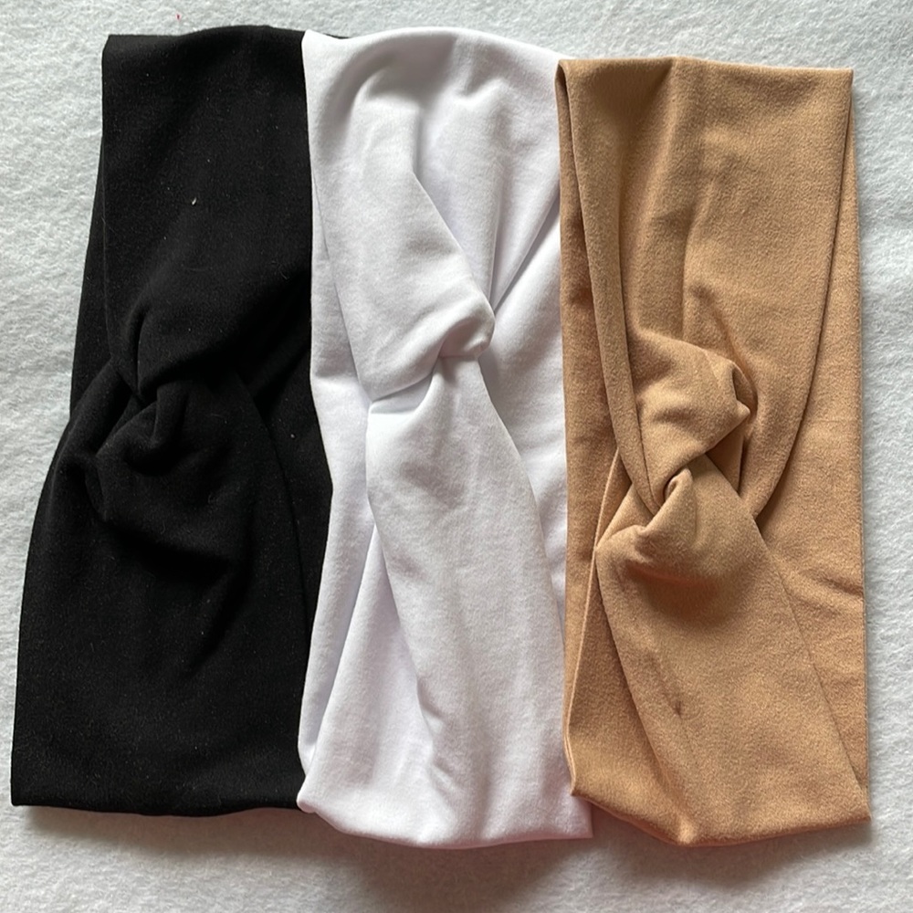 Front Twist Headbands Set of THREE Solid Colors Blk/Tan/White